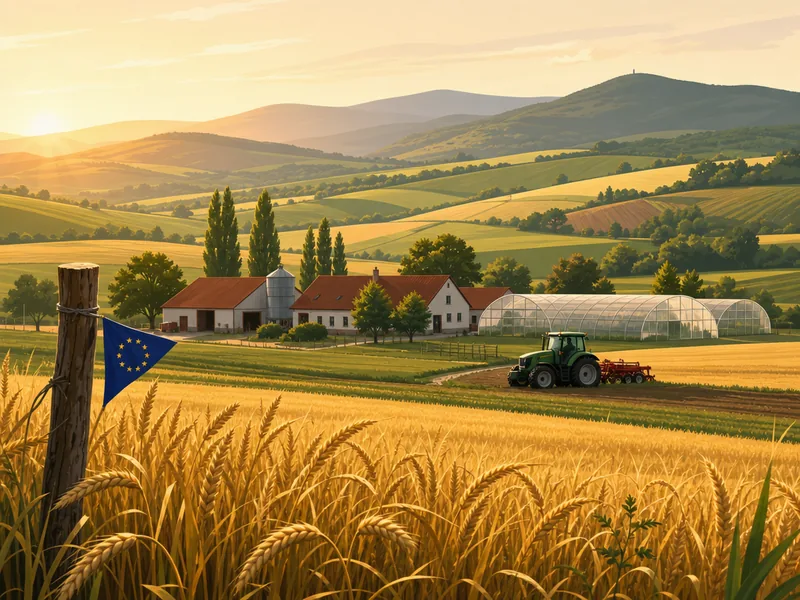Magyar mezőgazdasági táj modern gazdasági épületekkel, traktorral és üvegházzal napfelkeltében