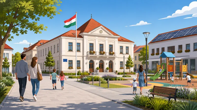 Felújított magyar kisváros központja EU támogatással megújult önkormányzati épülettel és játszótérrel