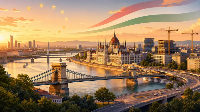 Budapest látképe a Lánchíddal és Parlamenttel, modern infrastrukturális fejlesztésekkel