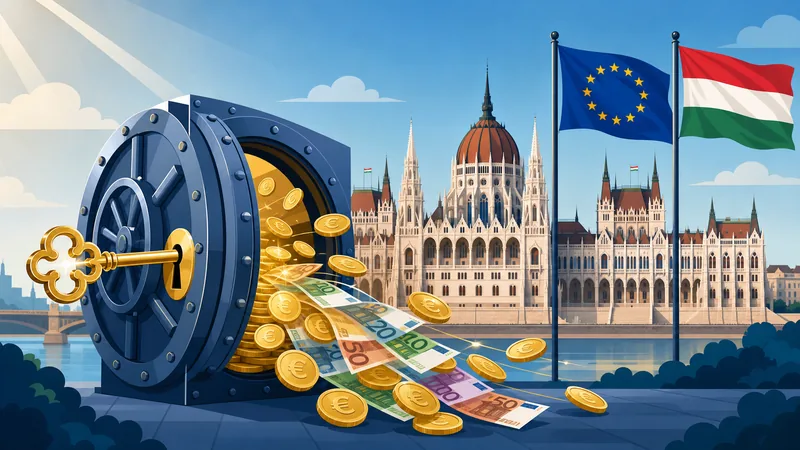 Magyar Országház EU és magyar zászlóval, arany kulcs feloldja az EU források páncélszekrényét